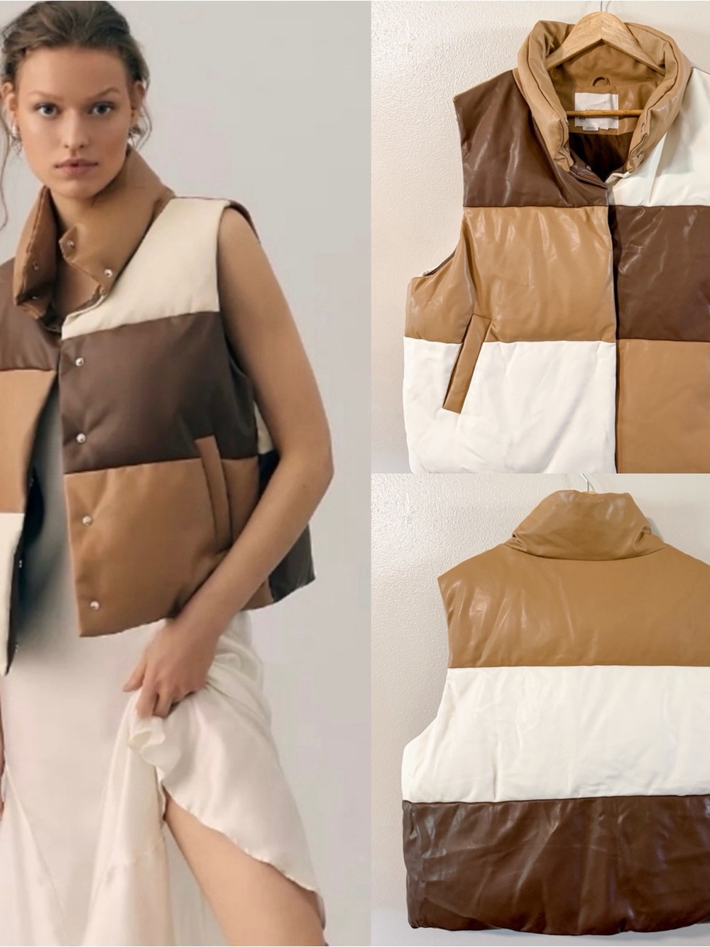 Anthropologie | Colorblock Faux Leather Puffer Vest, Coffee/Mocha Brown large